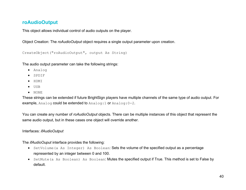 Roaudiooutput | BrightSign Object Reference Manual (FW 5.1) User Manual | Page 48 / 341