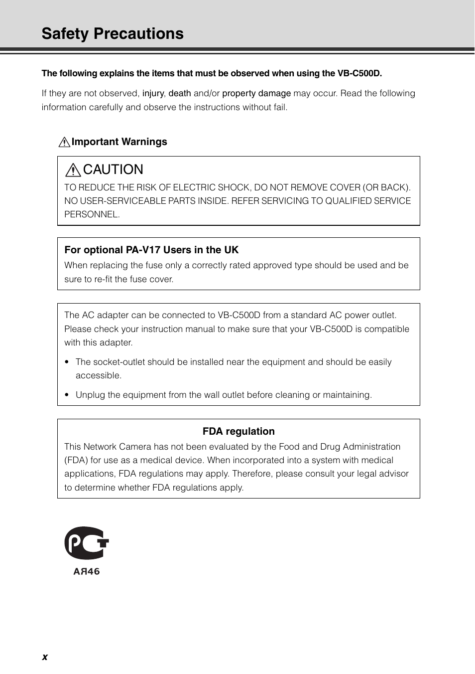 Safety precautions, Caution | Canon VB-C500D User Manual | Page 10 / 80