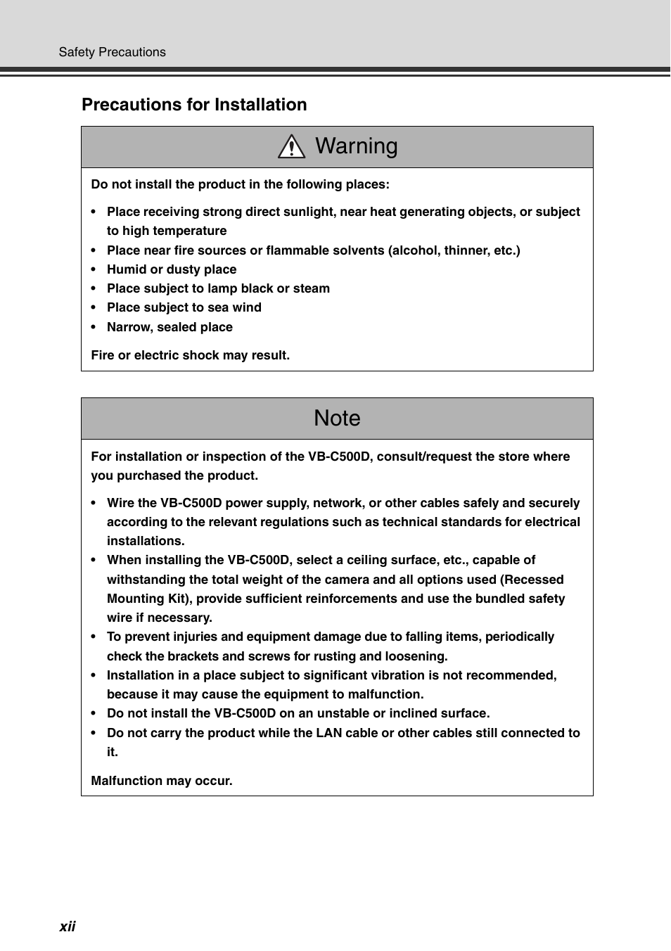 Warning, Precautions for installation | Canon VB-C500D User Manual | Page 12 / 80