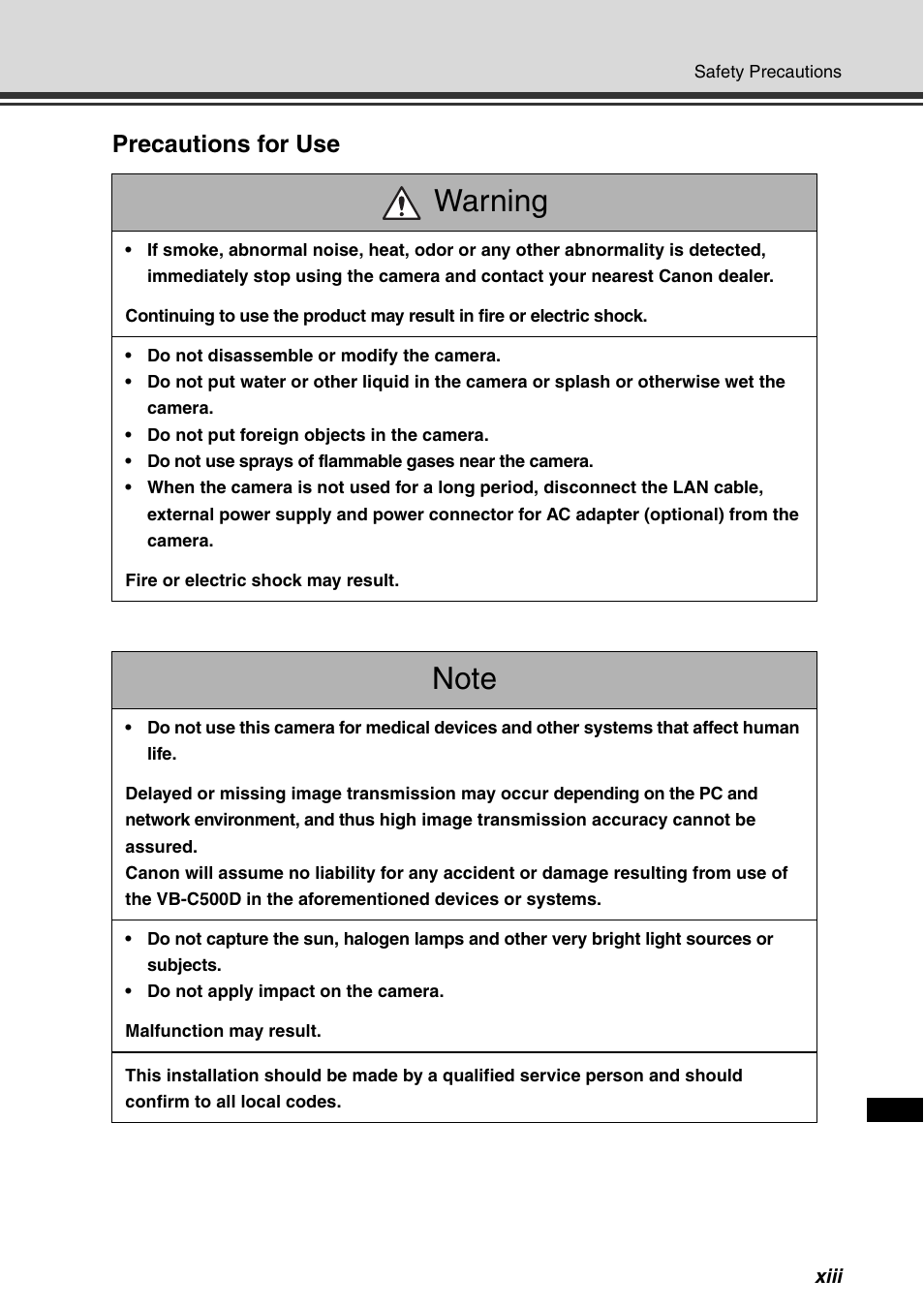 Warning, Precautions for use | Canon VB-C500D User Manual | Page 13 / 80