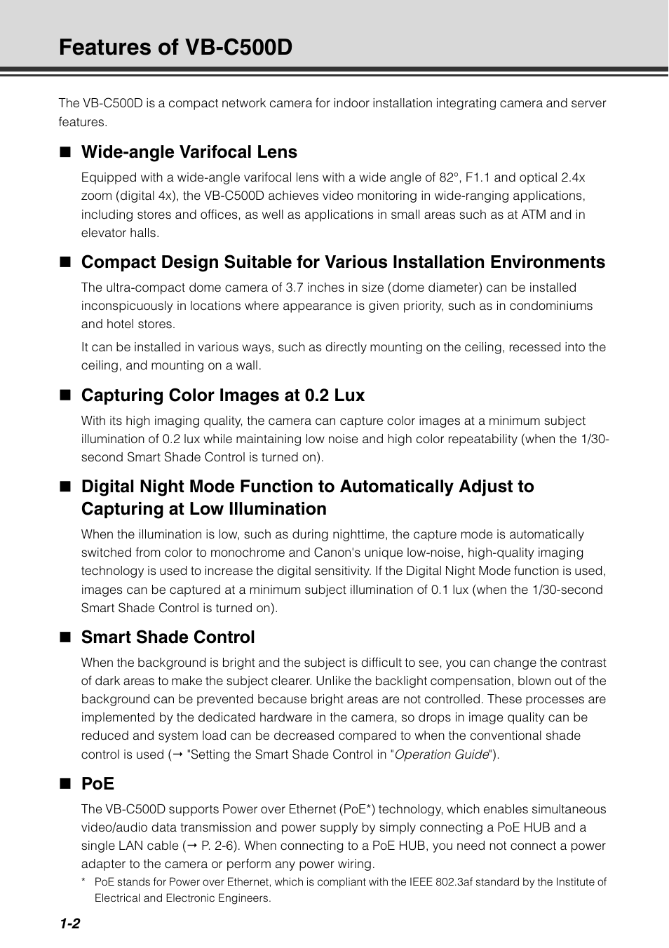 Features of vb-c500d, Features of vb-c500d -2, Wide-angle varifocal lens | Capturing color images at 0.2 lux, Smart shade control | Canon VB-C500D User Manual | Page 18 / 80