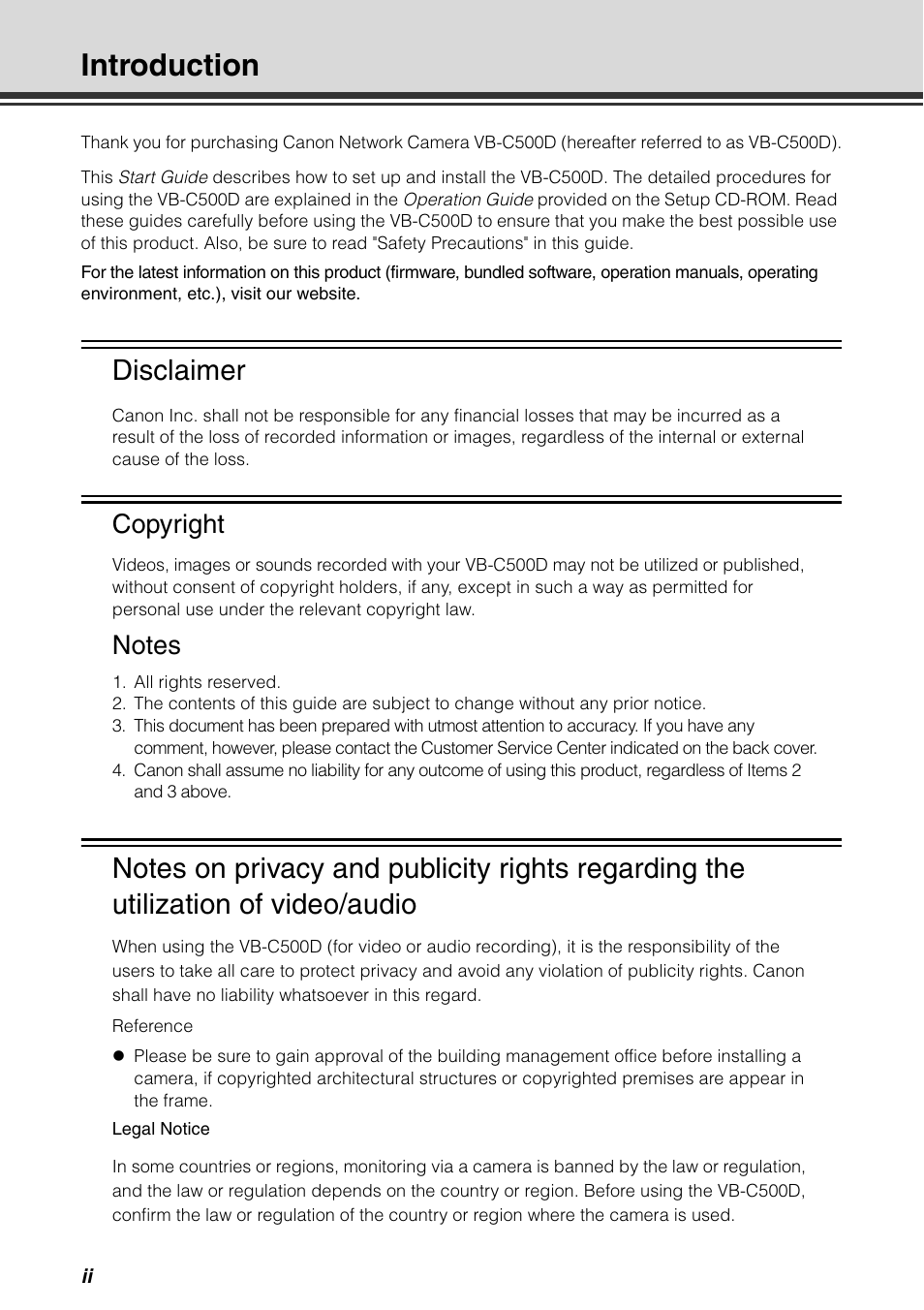 Introduction, Disclaimer, Copyright | Canon VB-C500D User Manual | Page 2 / 80