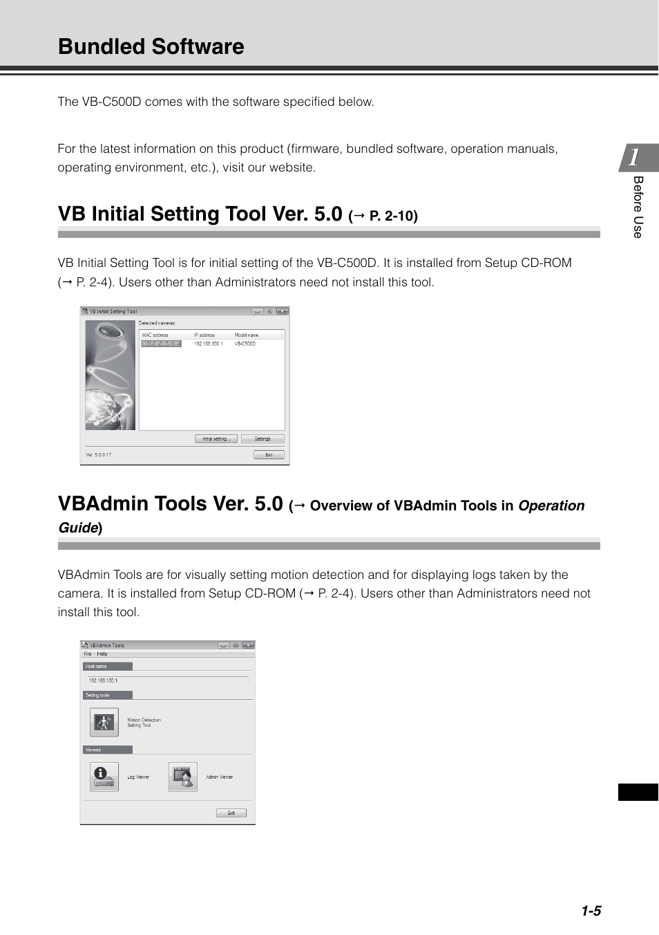 Bundled software, Vb initial setting tool ver. 5.0, Vbadmin tools ver. 5.0 | Bundled software -5 | Canon VB-C500D User Manual | Page 21 / 80