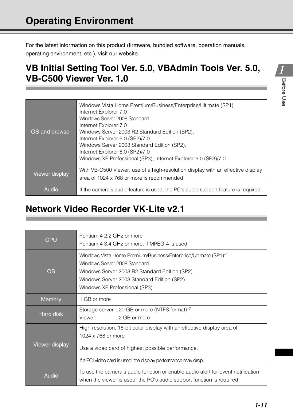 Operating environment, Network video recorder vk-lite v2.1, Operating environment -11 | Vb-c500 viewer ver. 1.0 -11, Network video recorder vk-lite v2.1 -11 | Canon VB-C500D User Manual | Page 27 / 80