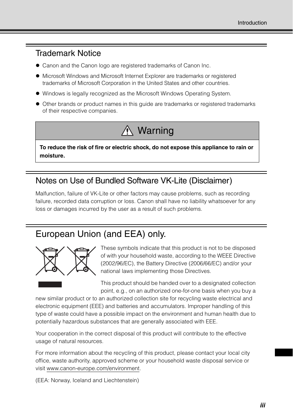 Warning, European union (and eea) only, Trademark notice | Canon VB-C500D User Manual | Page 3 / 80