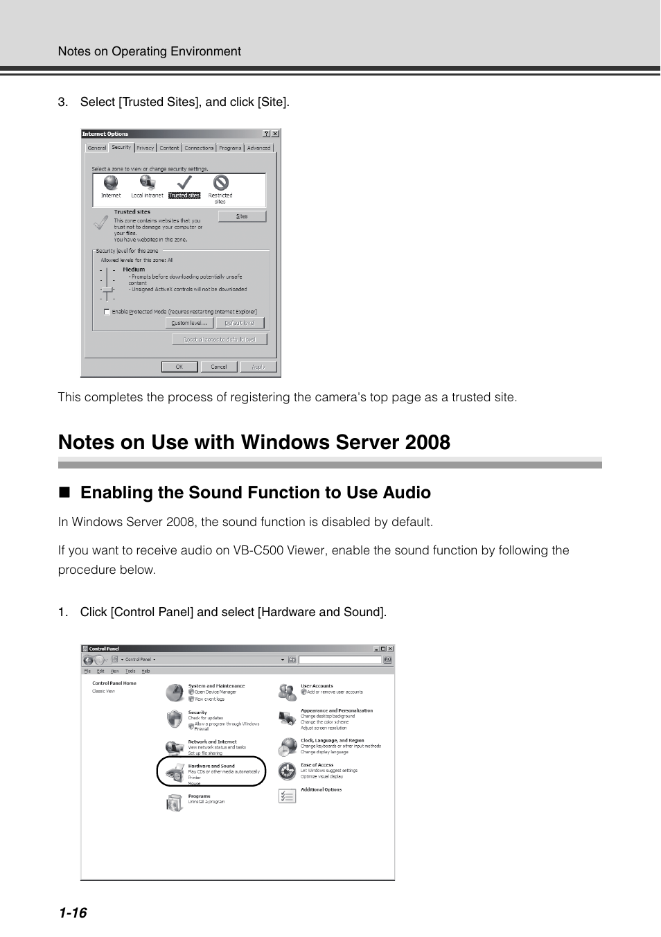 Notes on use with windows server 2008, Notes on use with windows server 2008 -16, Enabling the sound function to use audio | Canon VB-C500D User Manual | Page 32 / 80