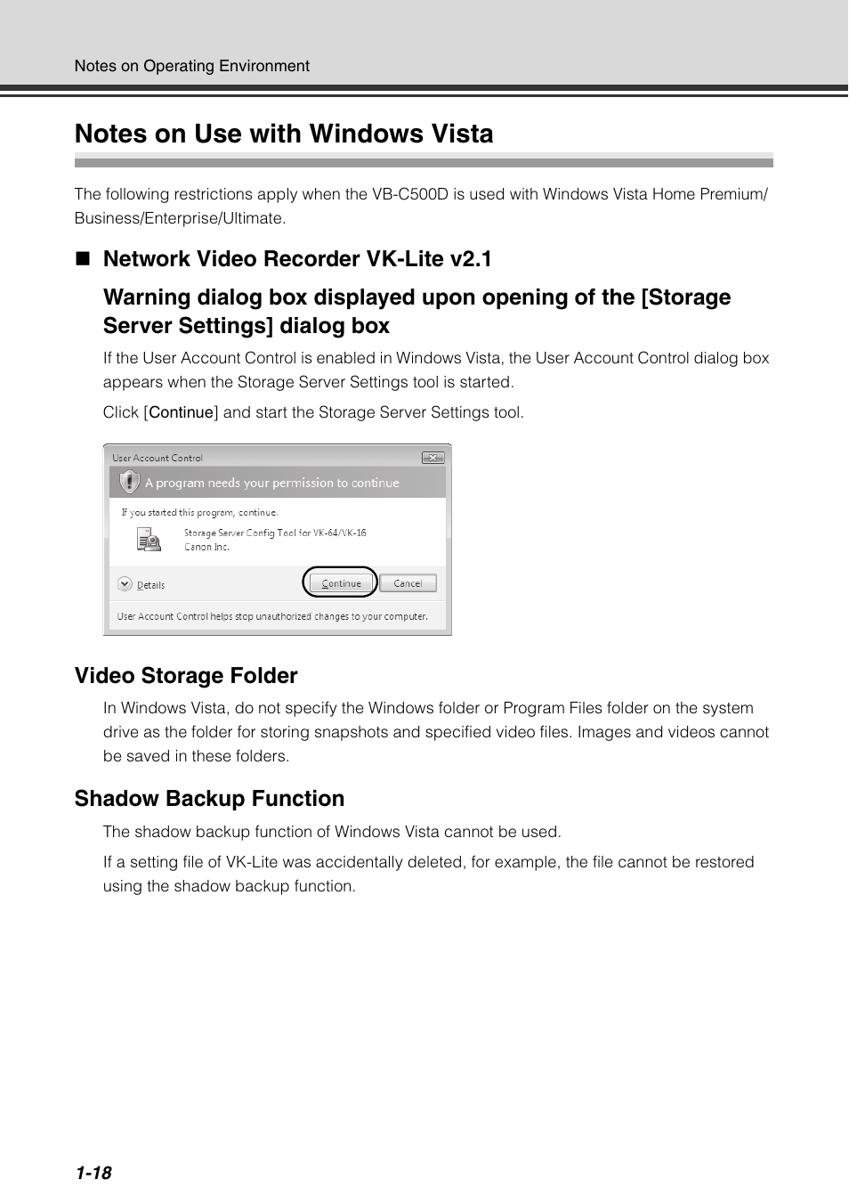 Notes on use with windows vista, Notes on use with windows vista -18, Video storage folder | Shadow backup function | Canon VB-C500D User Manual | Page 34 / 80