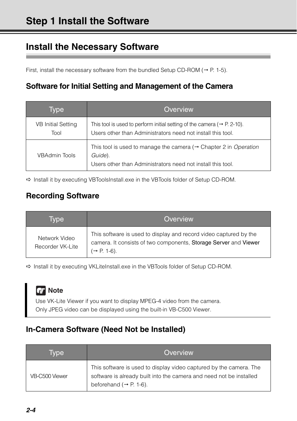 Step 1 install the software, Install the necessary software, Step 1 install the software -4 | Install the necessary software -4, P. 2-4, Recording software, In-camera software (need not be installed) | Canon VB-C500D User Manual | Page 46 / 80