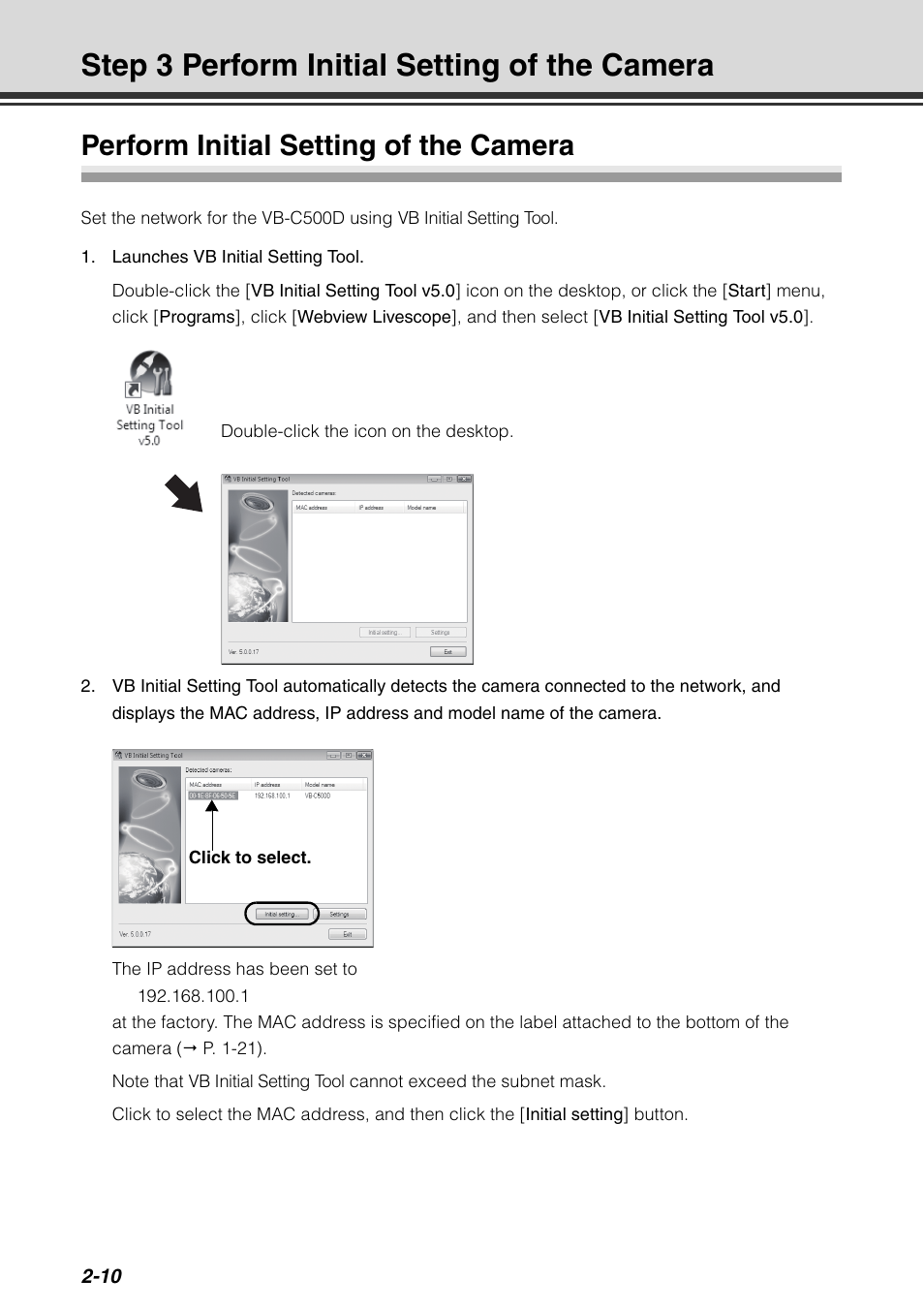 Step 3 perform initial setting of the camera, Perform initial setting of the camera, Step 3 perform initial setting of the camera -10 | Perform initial setting of the camera -10, P. 2-10), P. 2-10 | Canon VB-C500D User Manual | Page 52 / 80