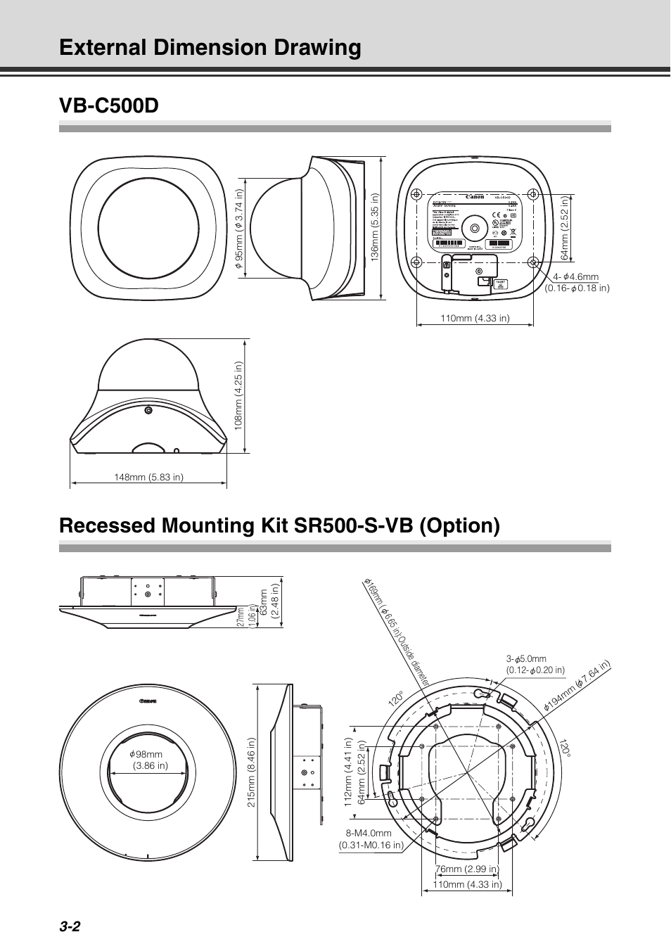 External dimension drawing, Vb-c500d, Recessed mounting kit sr500-s-vb (option) | External dimension drawing -2 | Canon VB-C500D User Manual | Page 72 / 80