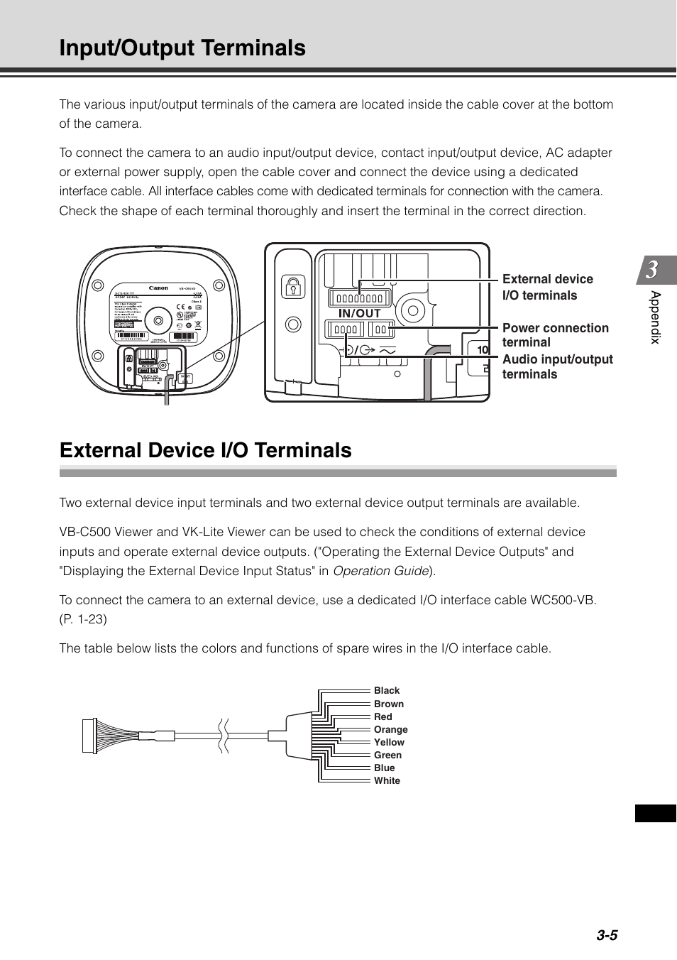 Input/output terminals, External device i/o terminals, Input/output terminals -5 | External device i/o terminals -5, P. 3-5) | Canon VB-C500D User Manual | Page 75 / 80