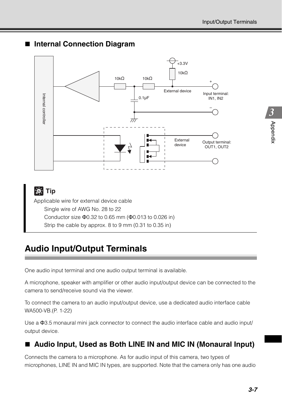 Audio input/output terminals, Audio input/output terminals -7, P. 3-7) | Internal connection diagram | Canon VB-C500D User Manual | Page 77 / 80