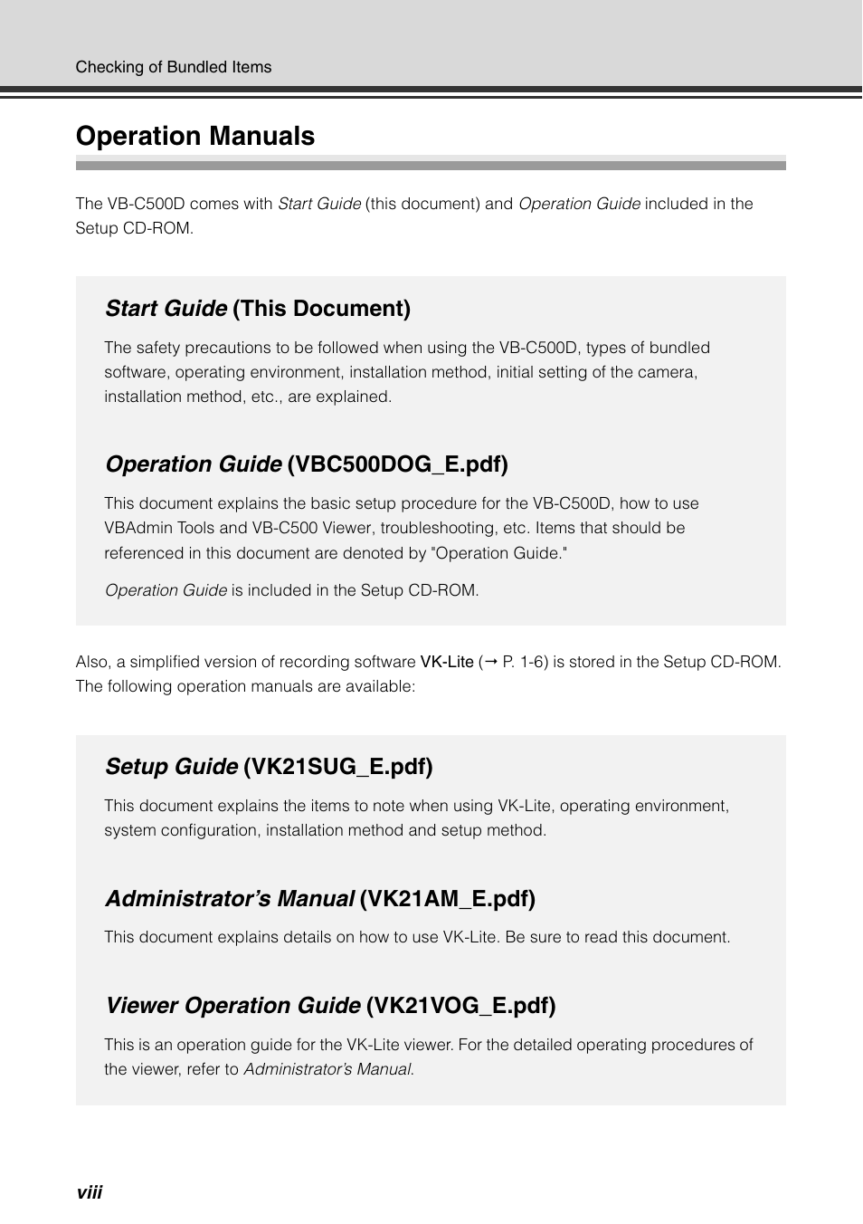 Operation manuals, Start guide (this document), Operation guide (vbc500dog_e.pdf) | Setup guide (vk21sug_e.pdf), Administrator’s manual (vk21am_e.pdf), Viewer operation guide (vk21vog_e.pdf) | Canon VB-C500D User Manual | Page 8 / 80