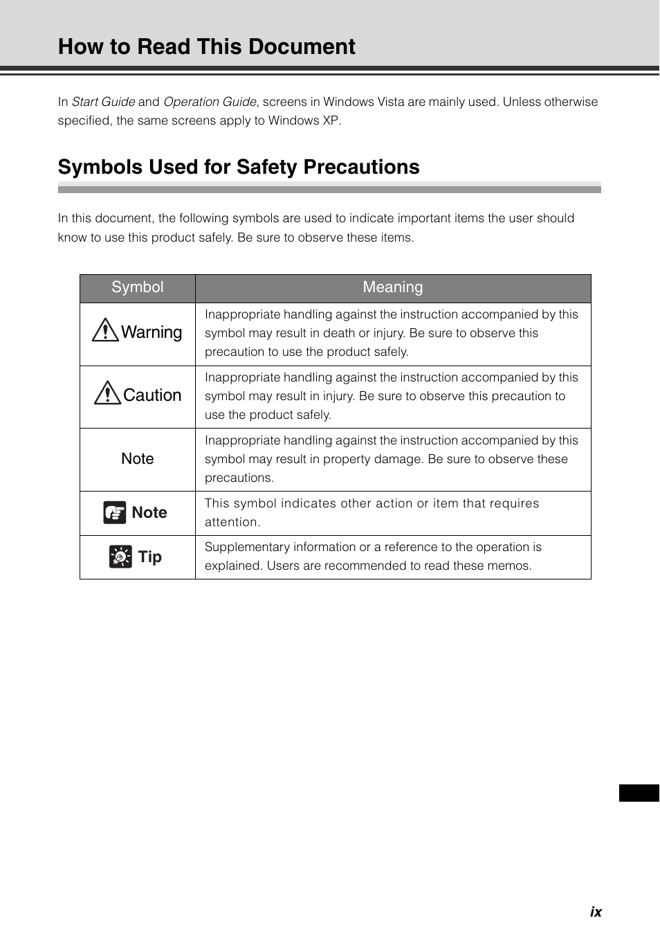 How to read this document, Symbols used for safety precautions, Warning | Caution | Canon VB-C500D User Manual | Page 9 / 80