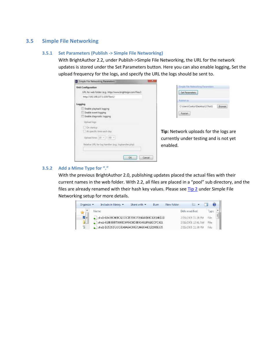 Simple file networking, Set parameters (publish -> simple file networking), Add a mime type for | BrightSign HD1010w WiFi Setup User Manual | Page 10 / 10