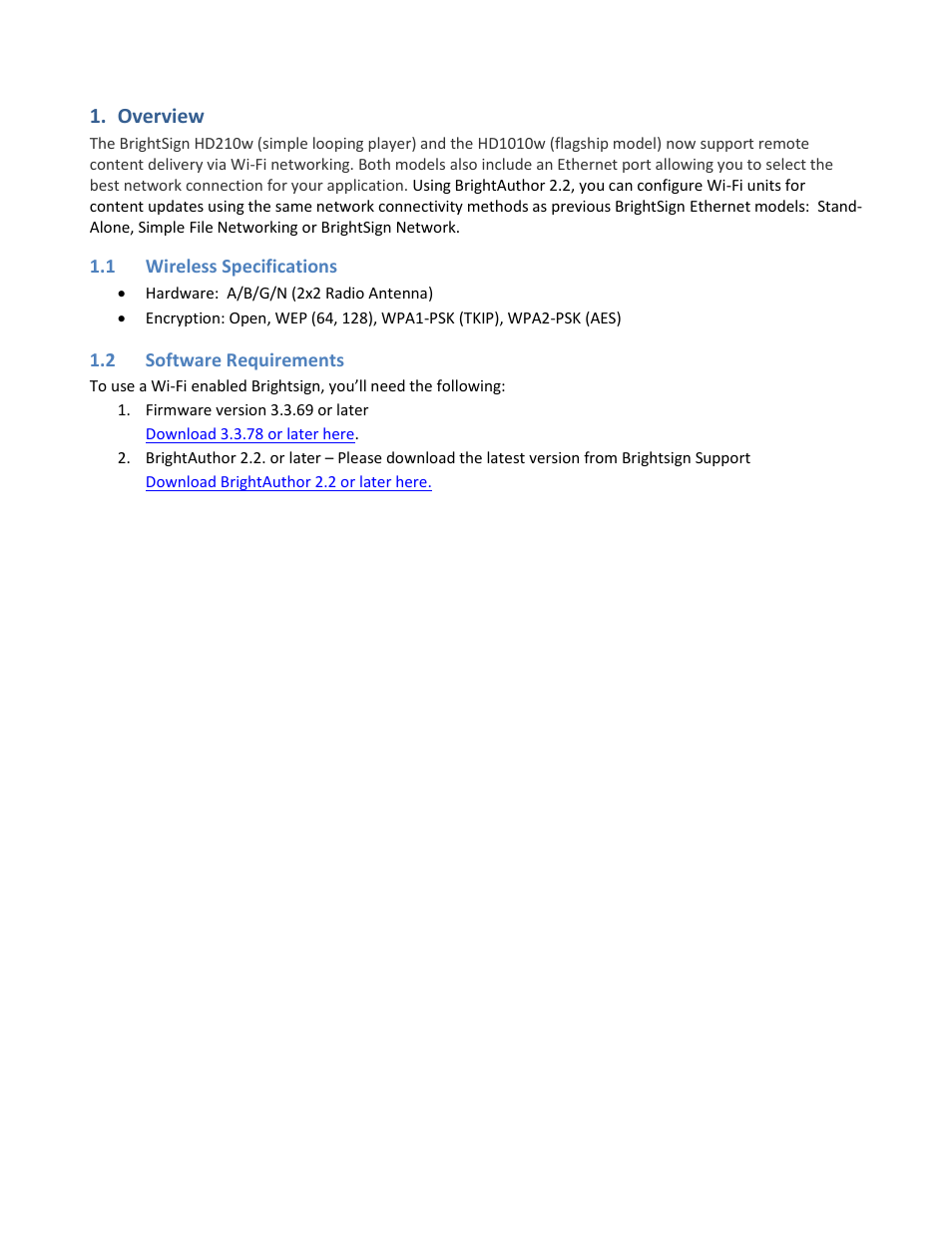 Overview, Wireless specifications, Software requirements | BrightSign HD1010w WiFi Setup User Manual | Page 3 / 10