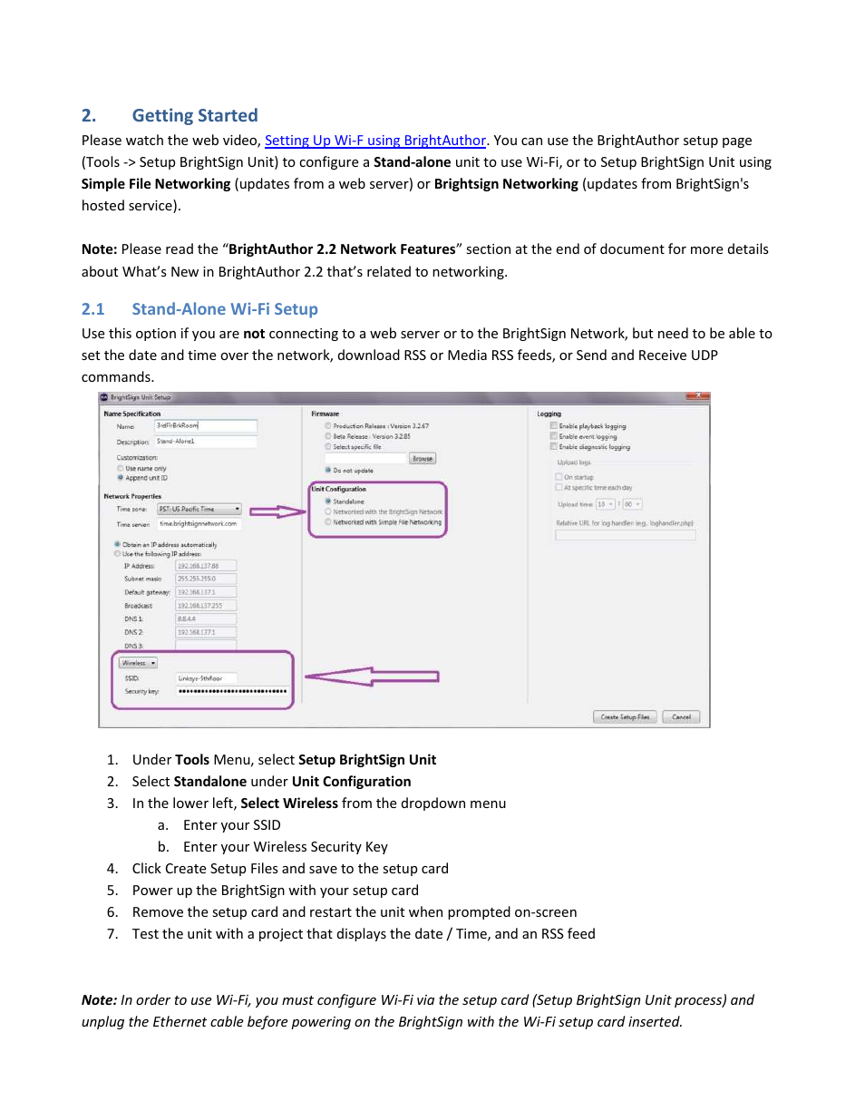 Getting started, Stand-alone wi-fi setup | BrightSign HD1010w WiFi Setup User Manual | Page 4 / 10