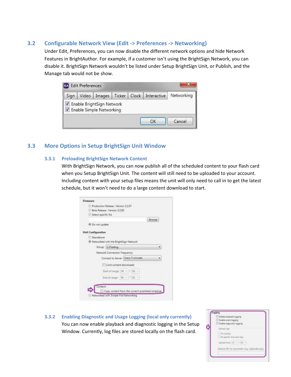 More options in setup brightsign unit window, Preloading brightsign network content, Enabling diagnostic and usage logging | BrightSign HD1010w WiFi Setup User Manual | Page 8 / 10