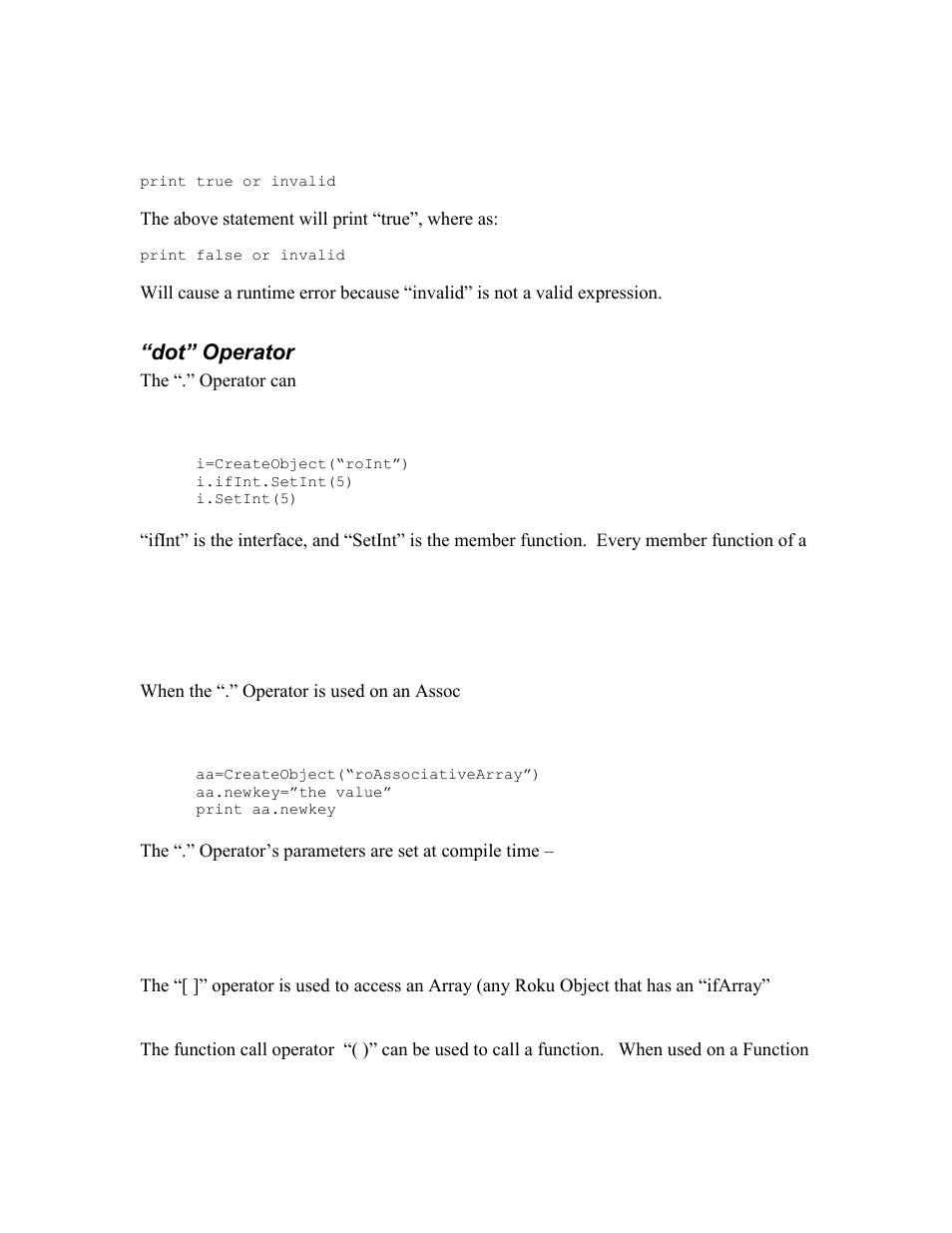 Dot” operator, Array/function call operator | BrightSign BrightScript 2 Reference Guide User Manual | Page 12 / 59