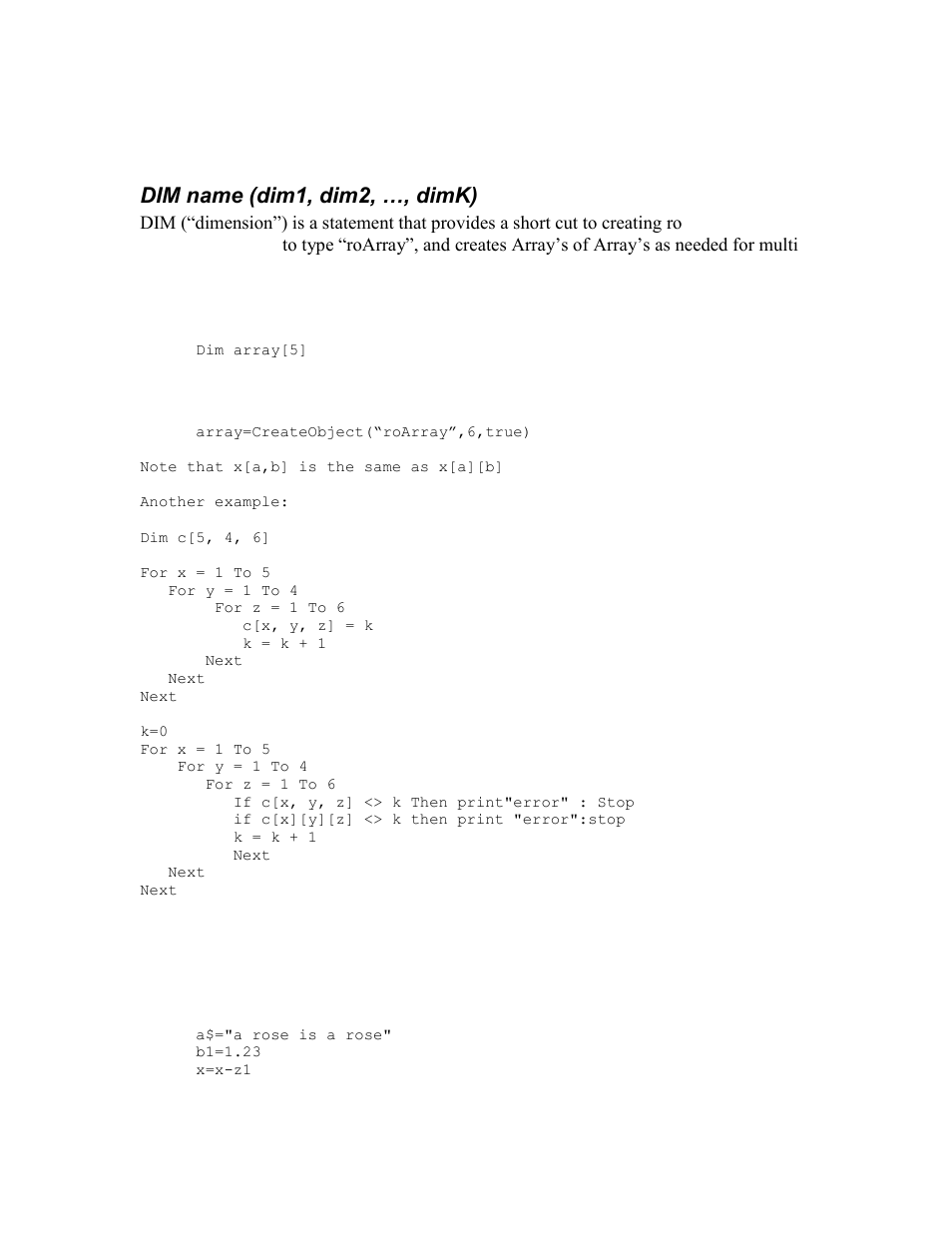 Program statements, Dim name (dim1, dim2, …, dimk), Variable = expression | BrightSign BrightScript 2 Reference Guide User Manual | Page 24 / 59