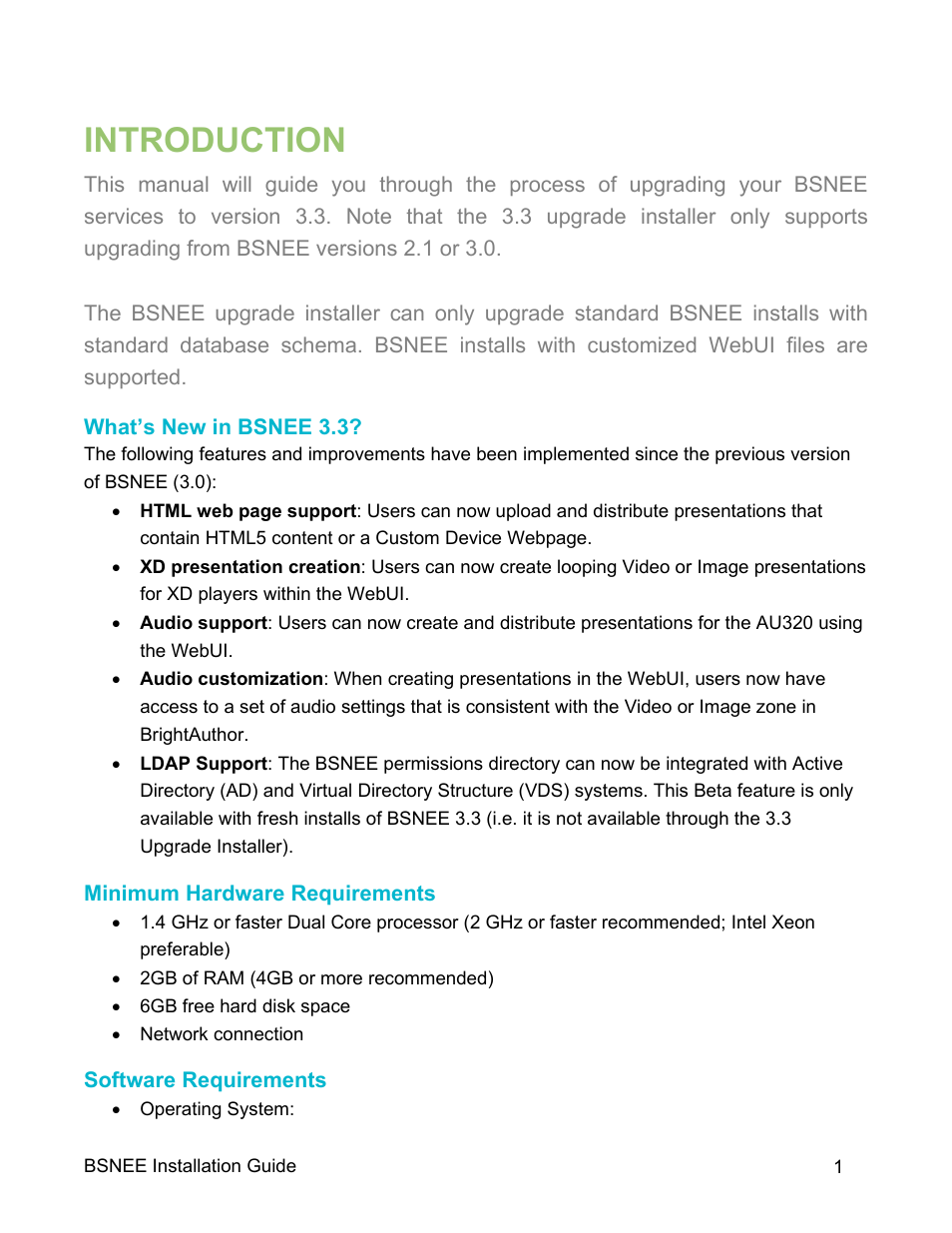 Introduction, What’s new in bsnee 3.3, Minimum hardware requirements | Software requirements | BrightSign BSNEE Upgrade Guide v.3.3 User Manual | Page 3 / 9