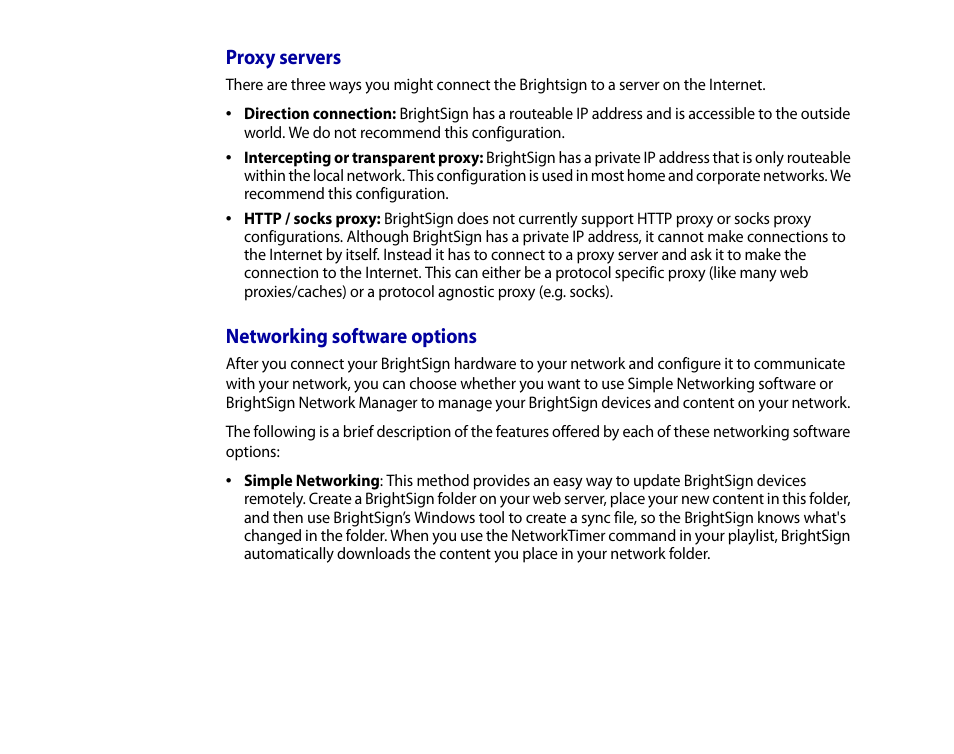 Proxy servers, Networking software options | BrightSign HD2000 User Guide User Manual | Page 102 / 112