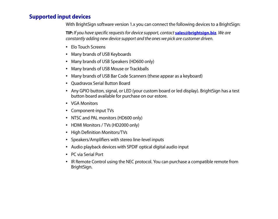 Supported input devices | BrightSign HD2000 User Guide User Manual | Page 111 / 112