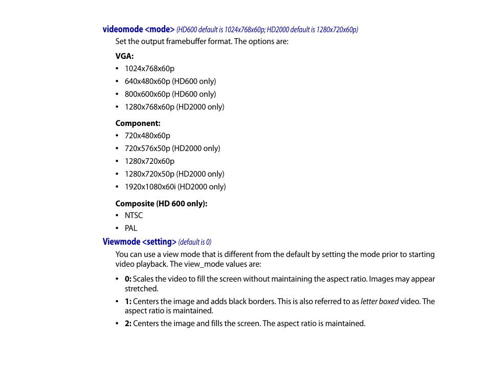 Viewmode <setting> (default is 0), Videomode <mode, Viewmode <setting | BrightSign HD2000 User Guide User Manual | Page 28 / 112