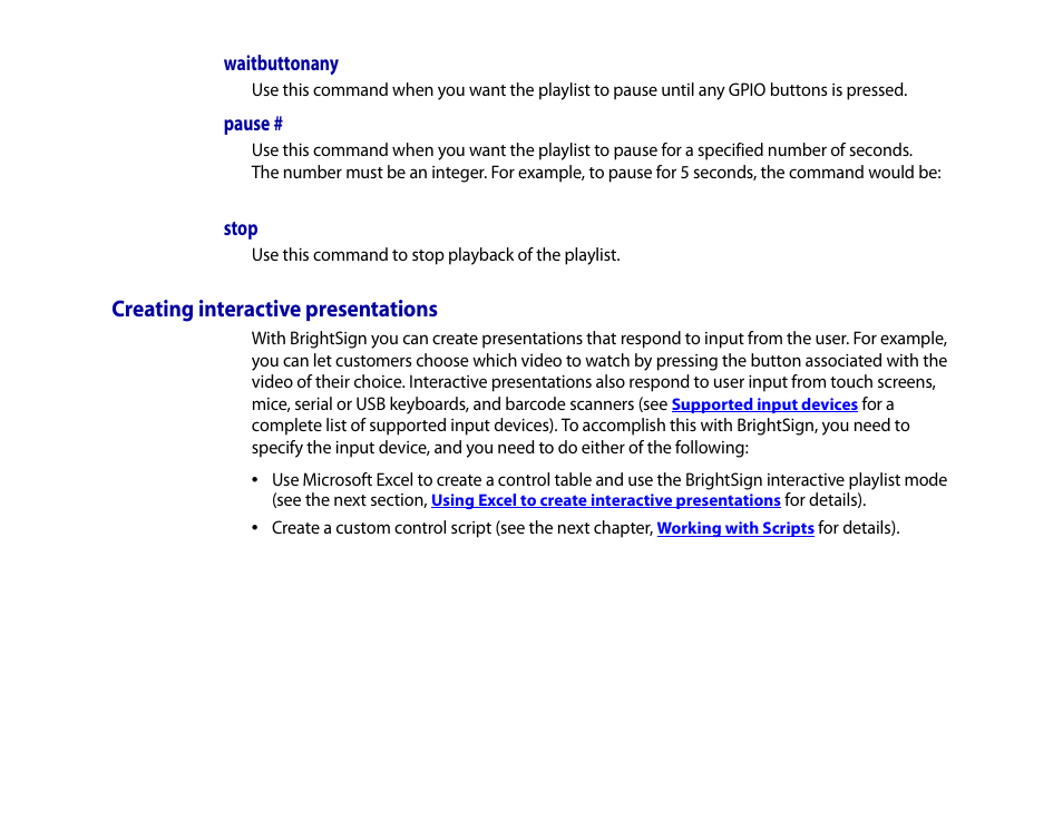 Waitbuttonany, Pause, Stop | Creating interactive presentations | BrightSign HD2000 User Guide User Manual | Page 30 / 112