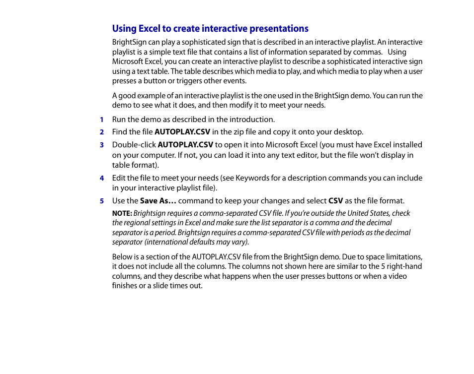 Using excel to create interactive presentations | BrightSign HD2000 User Guide User Manual | Page 31 / 112