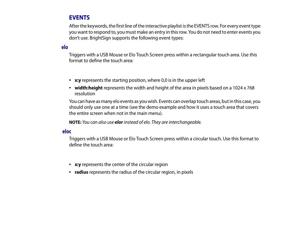 Events, Eloc | BrightSign HD2000 User Guide User Manual | Page 37 / 112