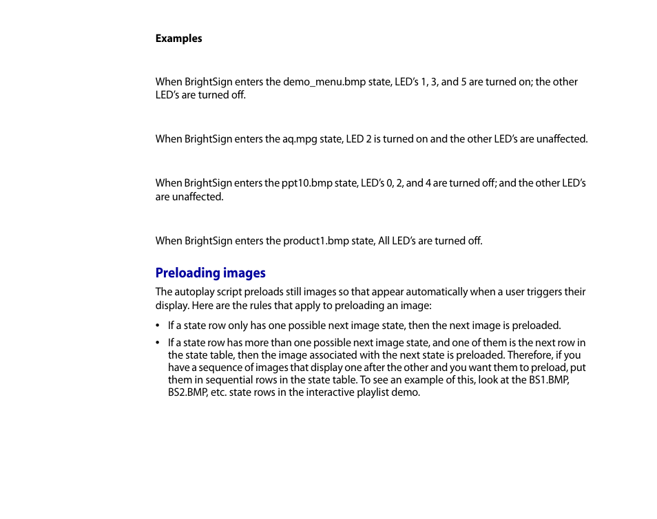 Examples, Preloading images | BrightSign HD2000 User Guide User Manual | Page 40 / 112