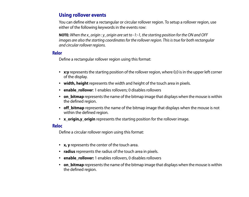 Using rollover events, Relor, Reloc | BrightSign HD2000 User Guide User Manual | Page 48 / 112