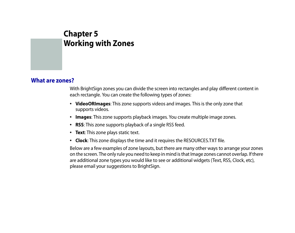 Working with zones, What are zones, Chapter 5 | BrightSign HD2000 User Guide User Manual | Page 55 / 112