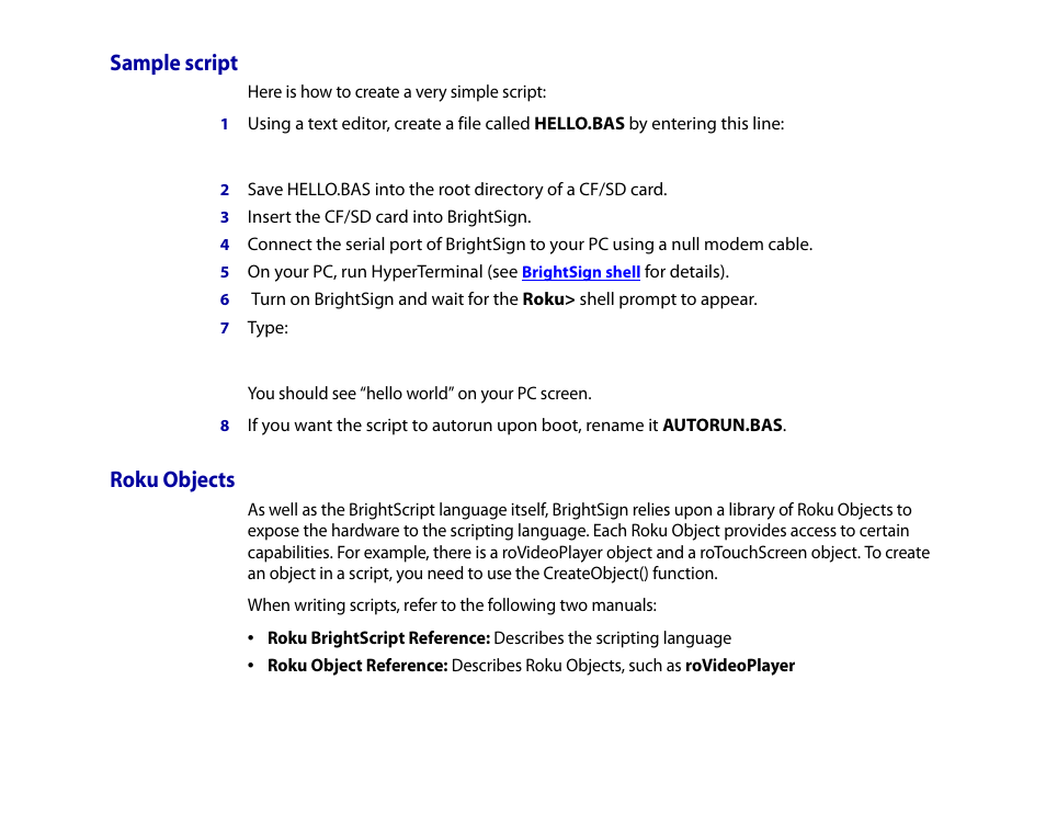 Sample script, Roku objects | BrightSign HD2000 User Guide User Manual | Page 68 / 112