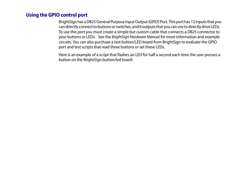 Using the gpio control port | BrightSign HD2000 User Guide User Manual | Page 70 / 112