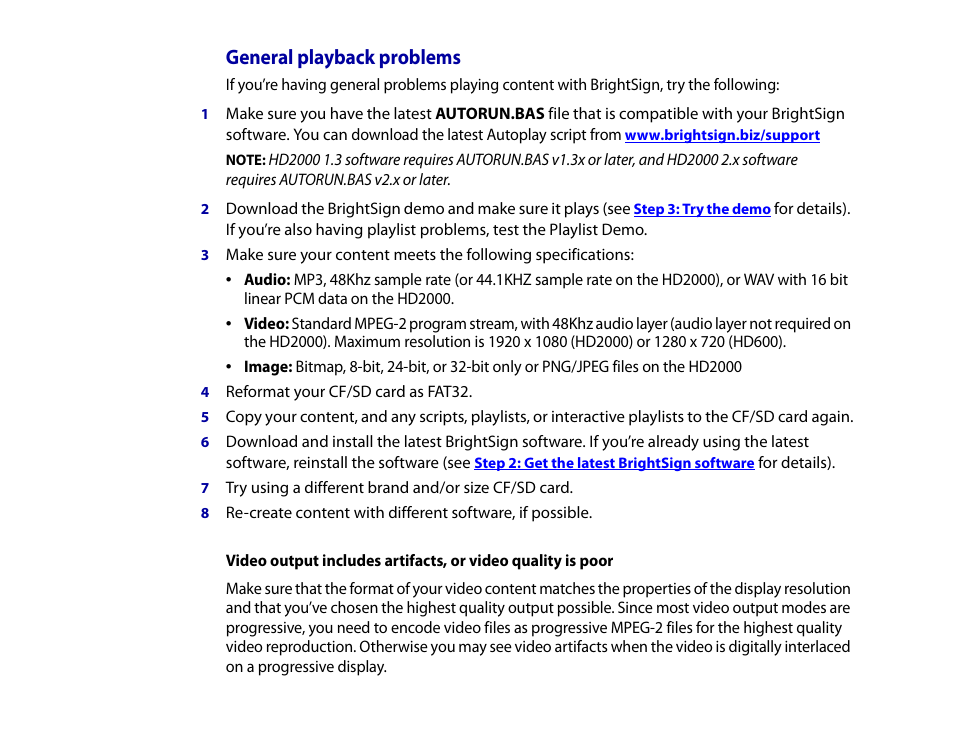 General playback problems | BrightSign HD2000 User Guide User Manual | Page 73 / 112
