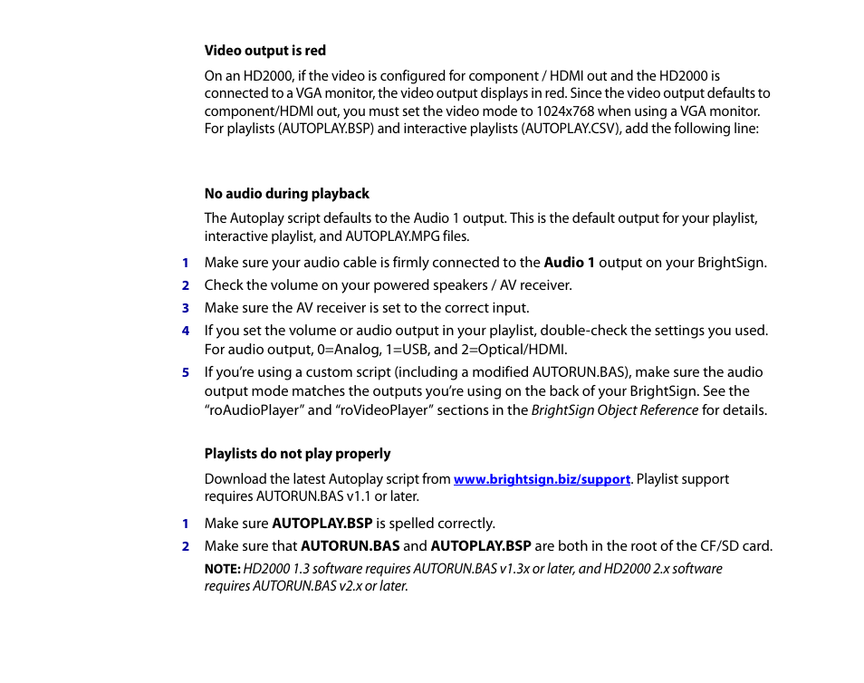Video output is red, No audio during playback, Playlists do not play properly | BrightSign HD2000 User Guide User Manual | Page 74 / 112