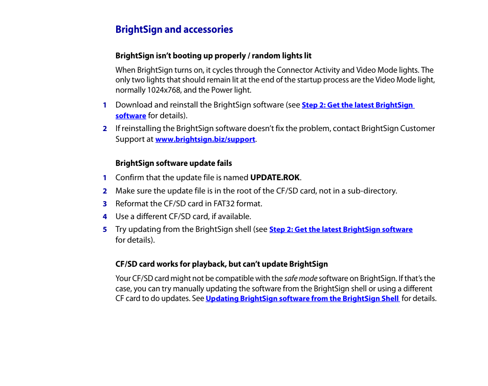 Brightsign and accessories, Brightsign software update fails | BrightSign HD2000 User Guide User Manual | Page 77 / 112