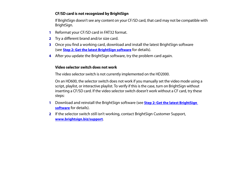 Cf/sd card is not recognized by brightsign, Video selector switch does not work | BrightSign HD2000 User Guide User Manual | Page 78 / 112