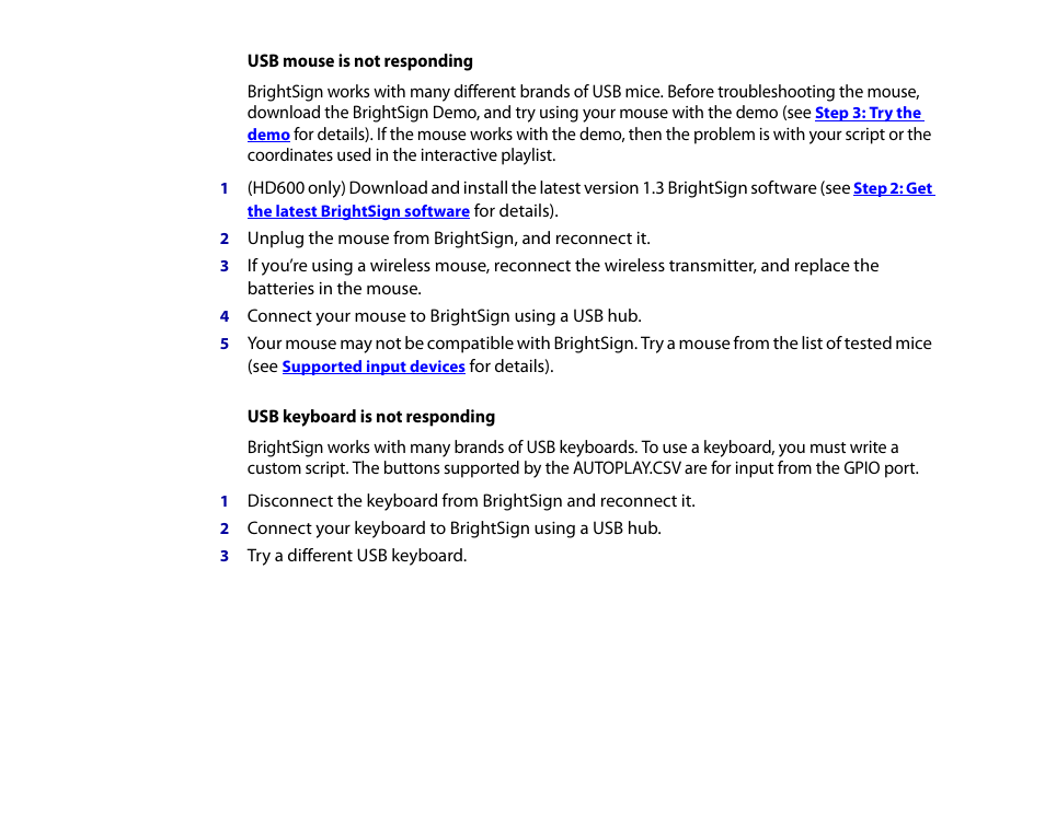 Usb mouse is not responding, Usb keyboard is not responding | BrightSign HD2000 User Guide User Manual | Page 79 / 112