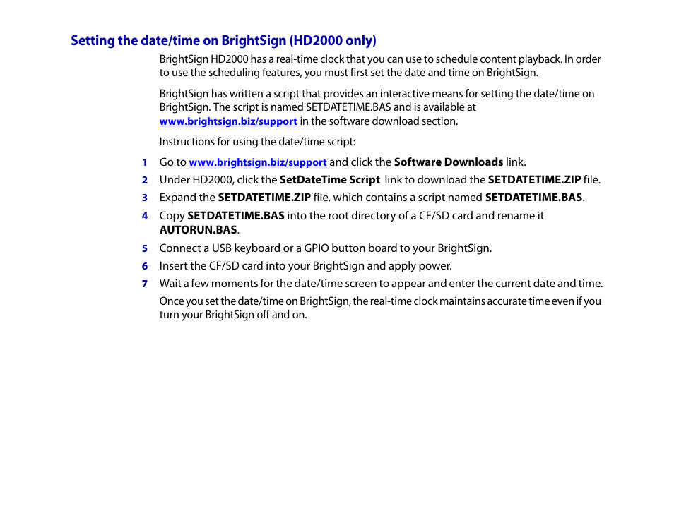 Setting the date/time on brightsign (hd2000 only) | BrightSign HD2000 User Guide User Manual | Page 96 / 112