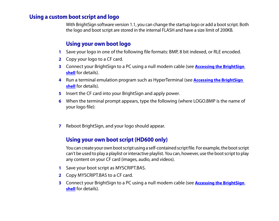 Using a custom boot script and logo, Using your own boot logo, Using your own boot script (hd600 only) | BrightSign HD2000 User Guide User Manual | Page 97 / 112