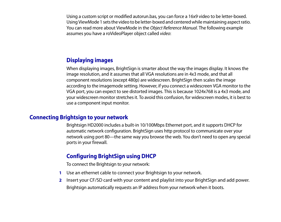 Displaying images, Connecting brightsign to your network, Configuring brightsign using dhcp | BrightSign HD2000 User Guide User Manual | Page 99 / 112