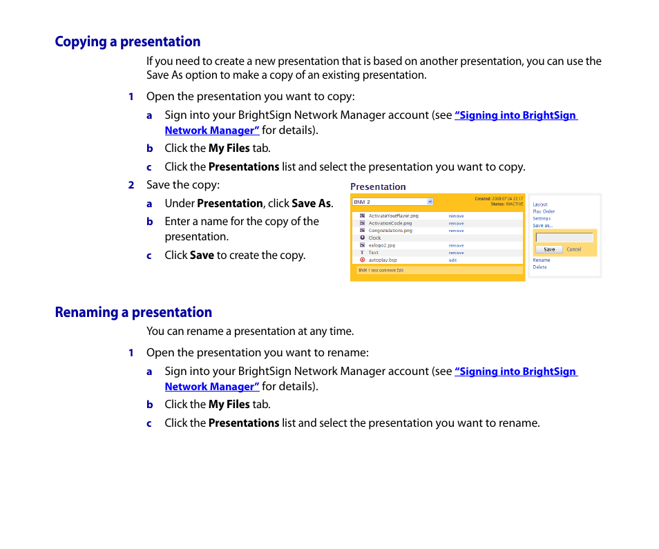 Copying a presentation, Renaming a presentation | BrightSign HD2000 Network Manager Guide User Manual | Page 17 / 25