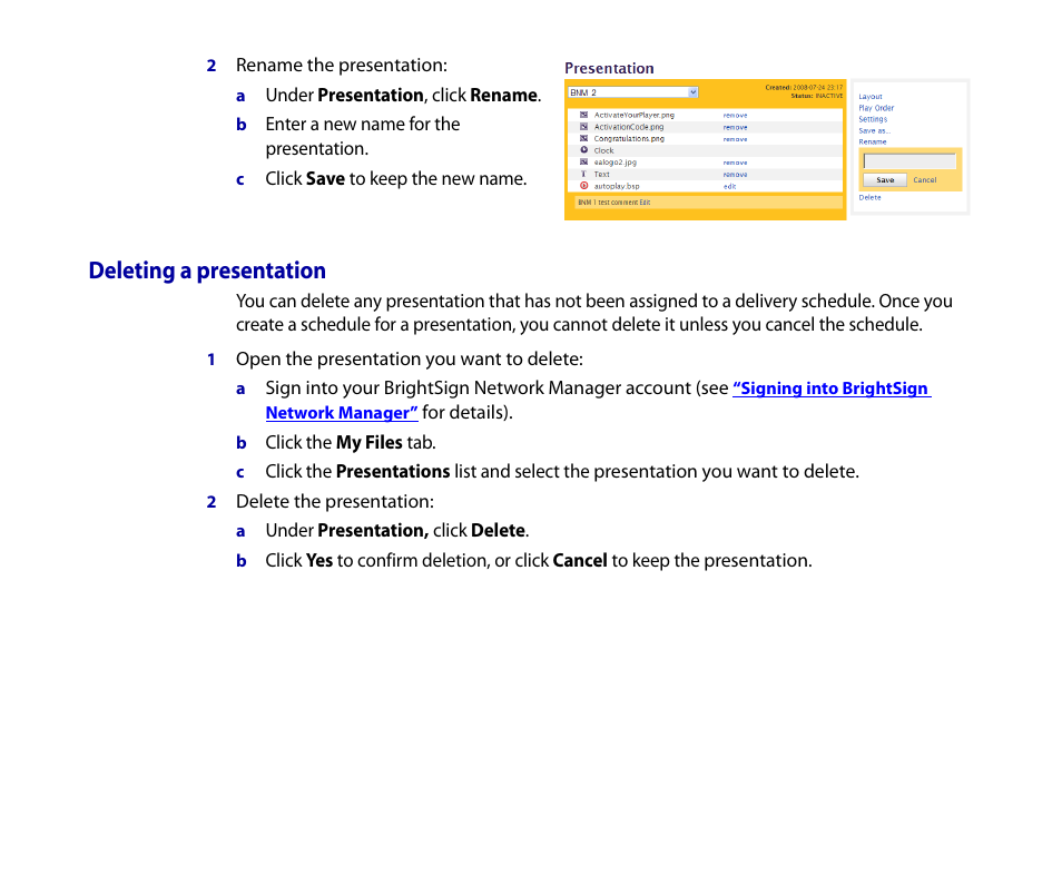 Deleting a presentation | BrightSign HD2000 Network Manager Guide User Manual | Page 18 / 25