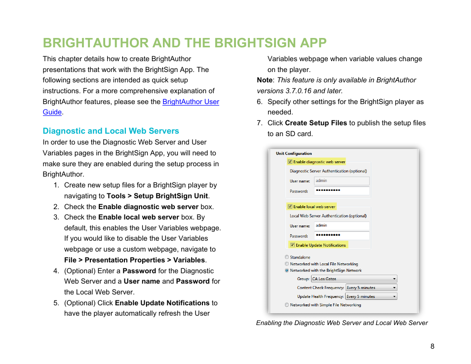 Brightauthor and the brightsign app 8, Diagnostic and local web servers, Player setup process | Enable update notifications, Brightauthor and the brightsign app | BrightSign App User Guide v. 1.0.1 User Manual | Page 10 / 14