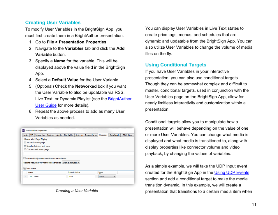 Creating user variables, Using conditional targets, Conditionals targets | BrightSign App User Guide v. 1.0.1 User Manual | Page 13 / 14