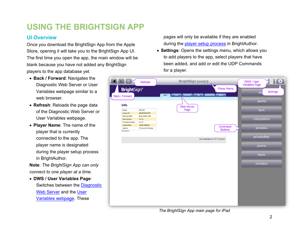 Using the brightsign app, Ui overview | BrightSign App User Guide v. 1.0.1 User Manual | Page 4 / 14