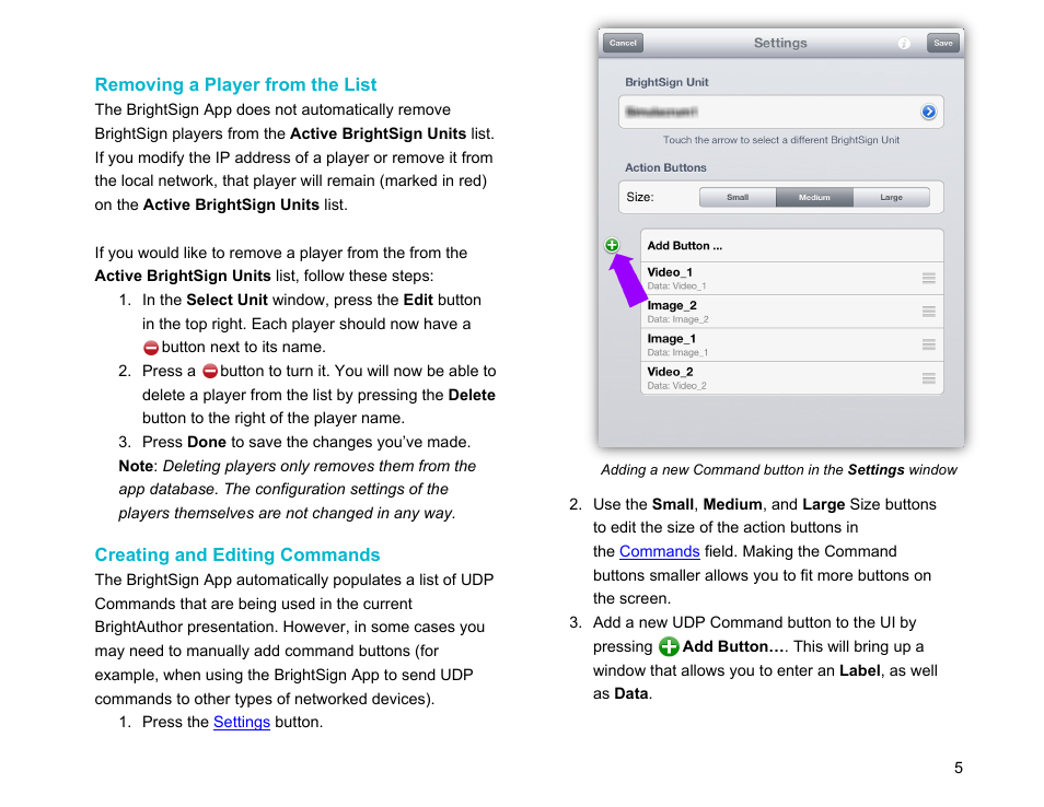 Removing a player from the list, Creating and editing commands, Settings | BrightSign App User Guide v. 1.0.1 User Manual | Page 7 / 14